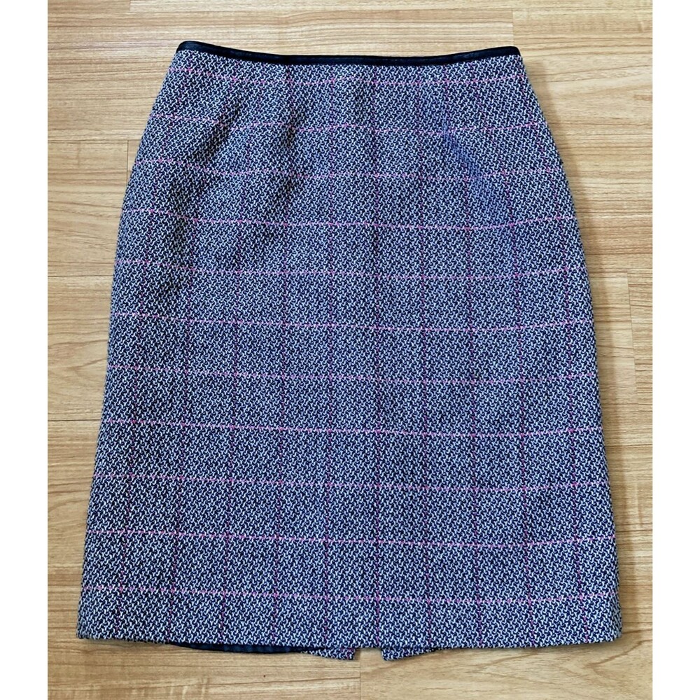 Talbots Womens 10 Blue Pink Plaid Tweed Faux Leather Trim Pencil Skirt Academia